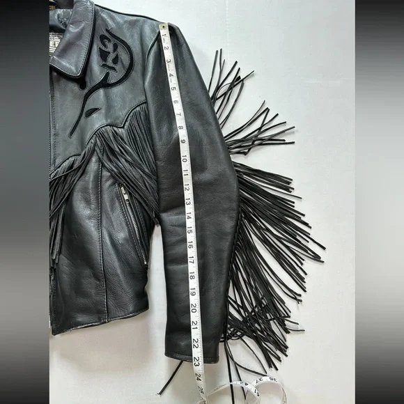 VTG Women’s Pro-Sports Leather Moto Jacket Fringe Conchos Roses Cinched Waist - Picture 6 of 15